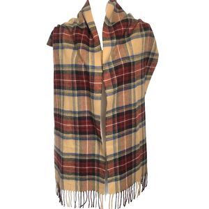 Merona 100% Acrylic Blue Cherry Tan Plaid Scarf 11.5” X 70”